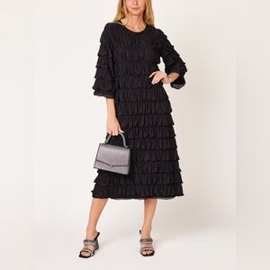 Boutique Dressy Modest Classy Cascade Ruffle Midi Dress Black